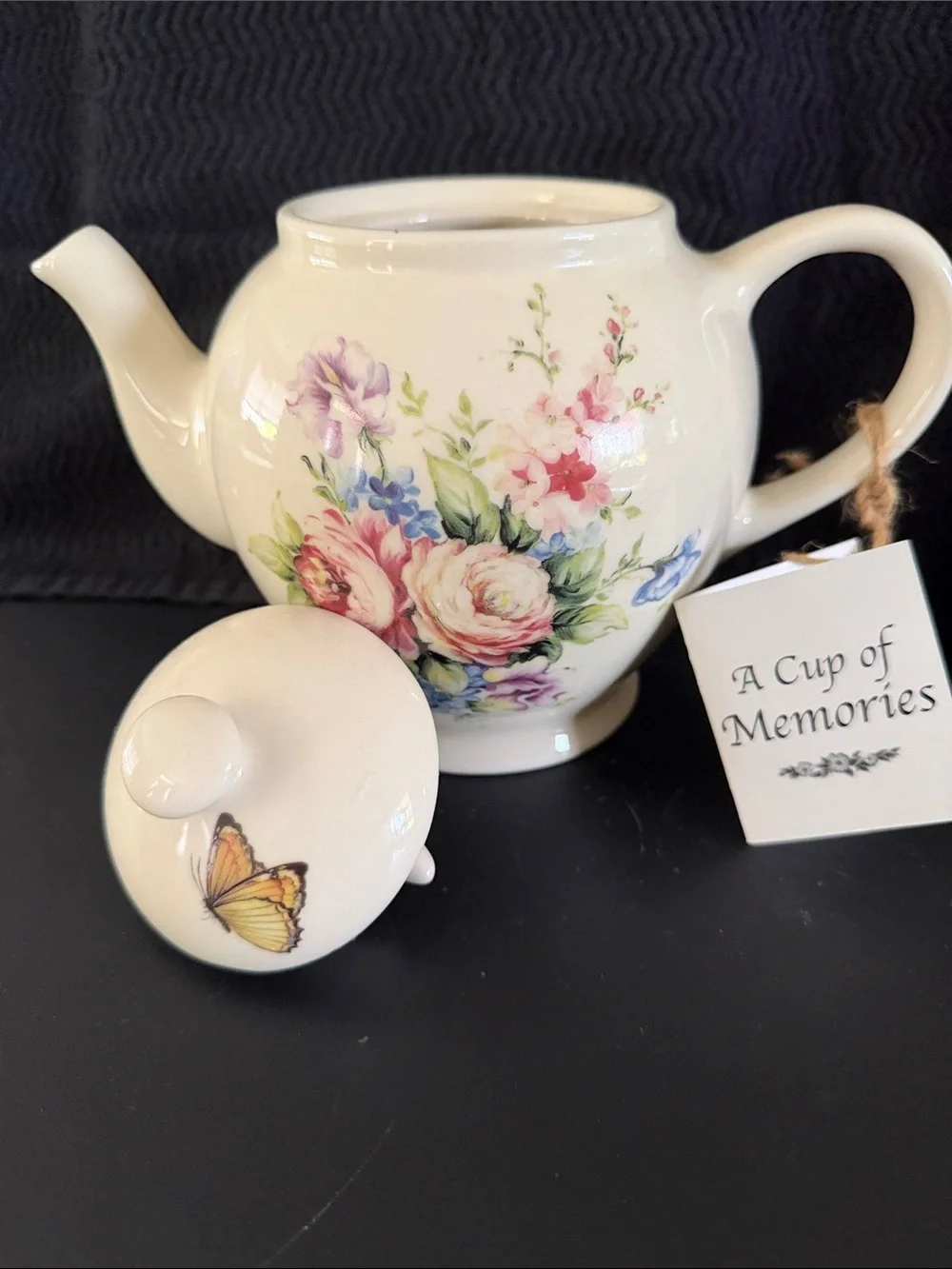 Lily Creek, Martha Vaughn, Cream Floral Vintage Teapot with Butterfly Accent